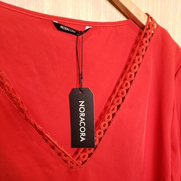 Noracora Womens New Red Elbow Length Crochet Detail Top Large - Picture 4 of 7